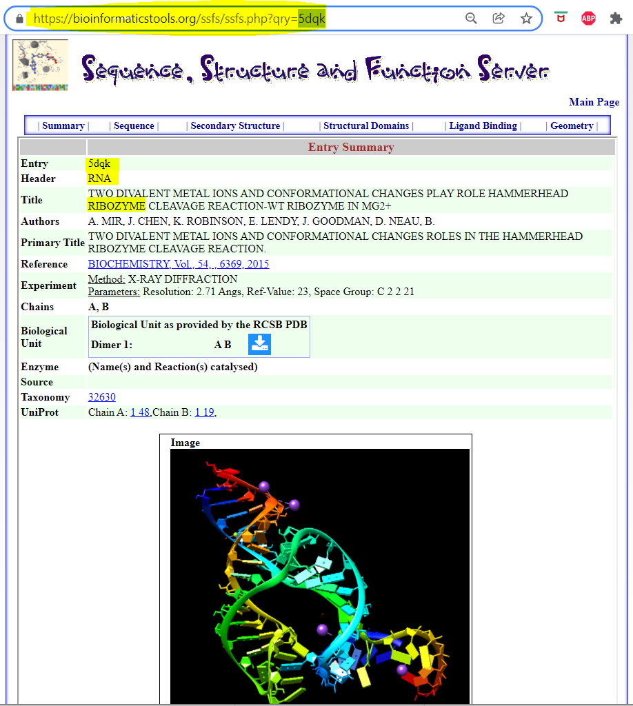 Image 3. " التركيب الفراغي للإنزيم-الريبي برأس-المطرقة <br> HammerHead Ribozyme <br> <a href="http://bioinformaticstools.org/ssfs/ssfs.php?qry=5dqk" target="_blank">http://bioinformaticstools.org/ssfs/ssfs.php?qry=5dqk</a>"